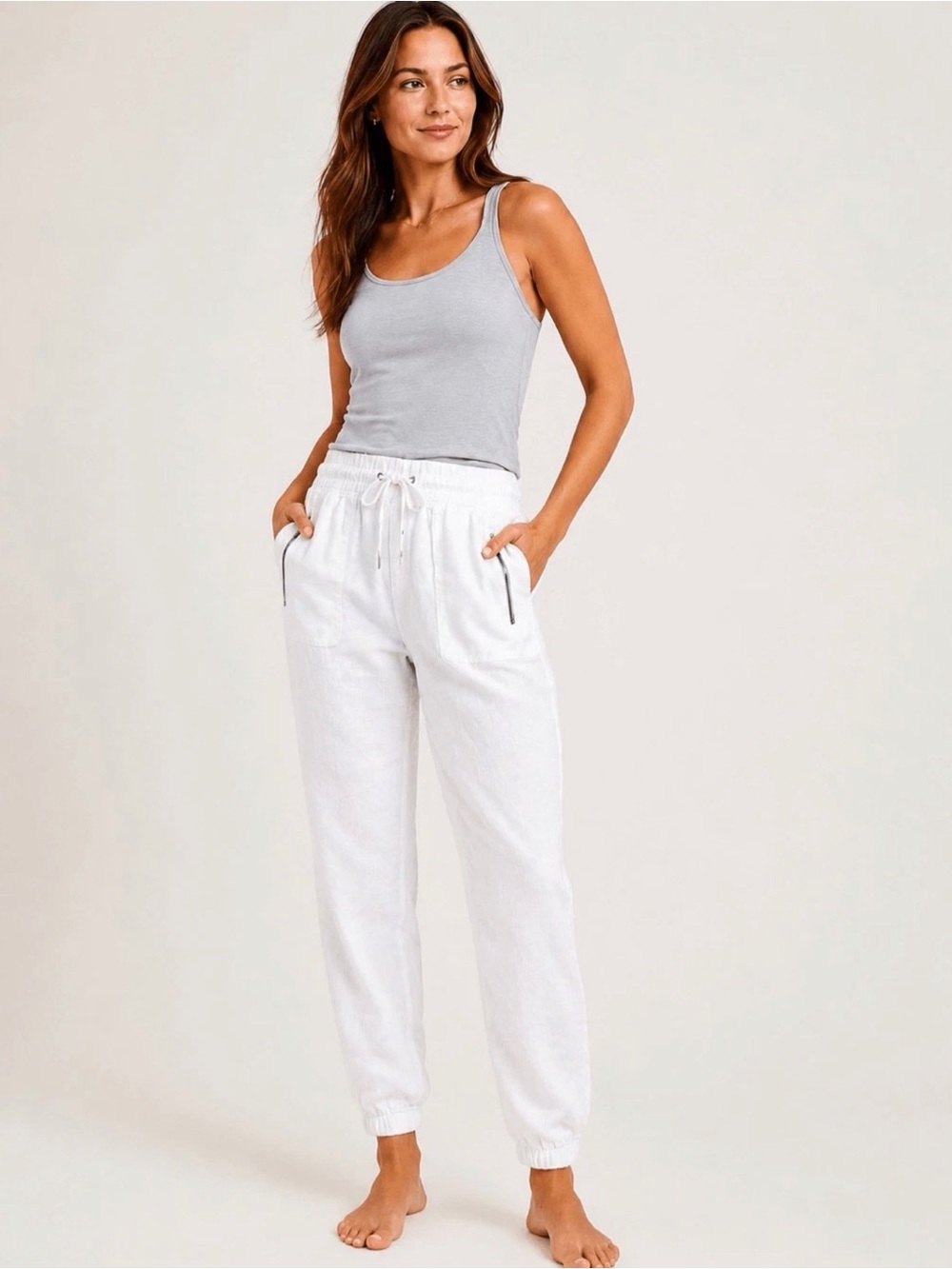 Athleta Cabo linen White Drawstring Zip-Pocket joggers